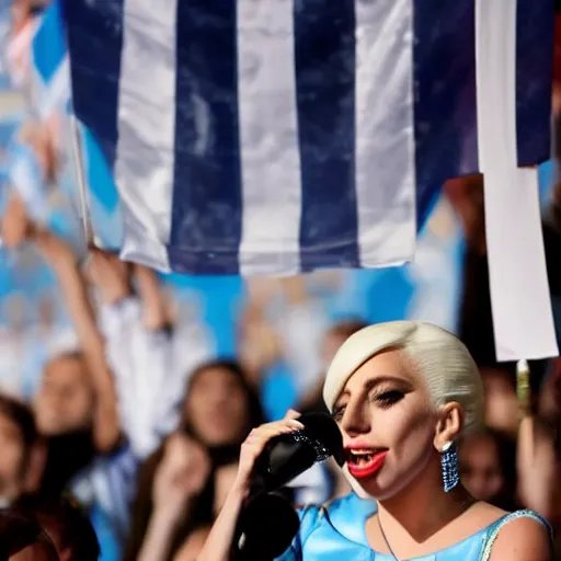 Image similar to Lady Gaga as president, Argentina presidential rally, Argentine flags behind, bokeh, giving a speech, detailed face, Argentina