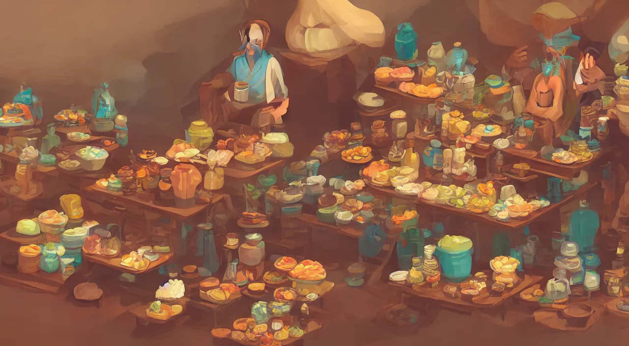 Image similar to A desert shopkeeper selling canteens, trending on artstation