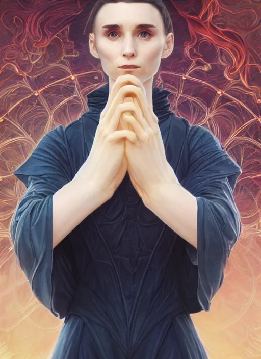 Image similar to portrait Rooney Mara as a dark magician of the magic of darkness, full length shot, shining, 8k highly detailed, sharp focus, illustration, art by artgerm, mucha, bouguereau