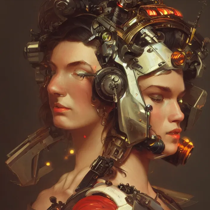 Prompt: a head and shoulders portrait of a space pirate, neon, retro, steampunk, smooth, sharp focus, intricate, artstation, detailed concept art by Caravaggio and Greg Rutkowski and Alphonse Mucha and Norman Rockwell