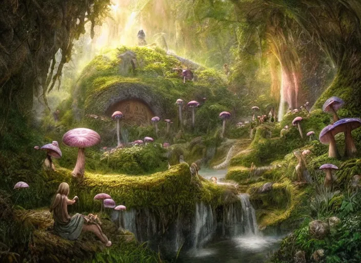 Image similar to fairies in the shire scenery landscape, lord of the rings, waterfalls, mushroom structures, highly detailed, vivid color, perfect lighting, perfect composition, 8 k, brian froud, artgerm, derek zabrocki, greg rutkowski