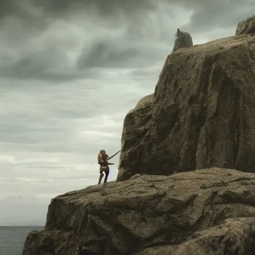 Prompt: cinematic shot of a muscular viking with a large beard standing on a rocky cliff with cloudy stormy weather in the sky, 8 k, very intricate, very detailed,