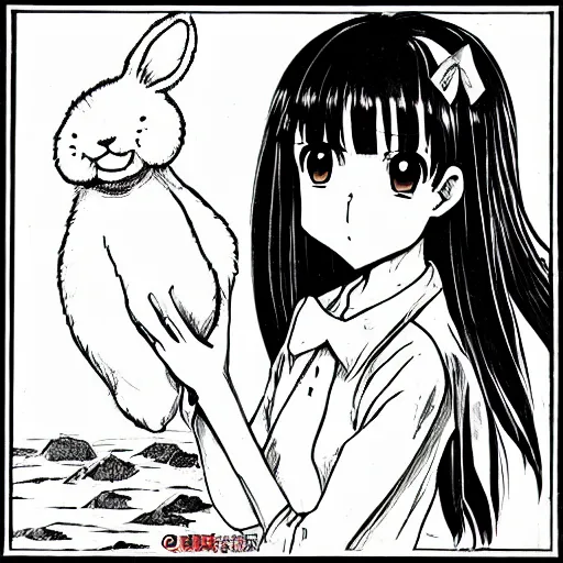 Image similar to anime girl with long dark hair in sailor uniform standing next to a giant sized rabbit, manga, white background, clean lines in dark pen, drawn by junji ito
