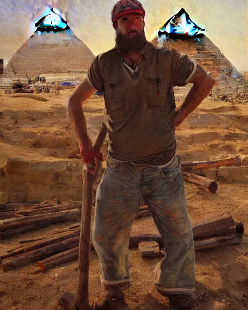 Prompt: detailed painting of an american lumberjack in front of the gizeh pyramids of egypt, deep focus, good lighting, rules of composition, intricate, greg rutkowski, magali villeneuve and monet