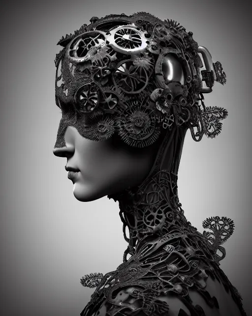 Image similar to monochrome 3 d model, profile portrait 1 8 9 0 picture, silver lace floral steampunk biomechanical beautiful young female cyborg with techno eye, volumetric light, leaves foliage and stems, hibiscus flowers, sinuous fine roots, fine foliage lace, alexander mcqueen, rim light, big gothic fashion pearl embroidered collar, octane render, dutch masters, 8 k