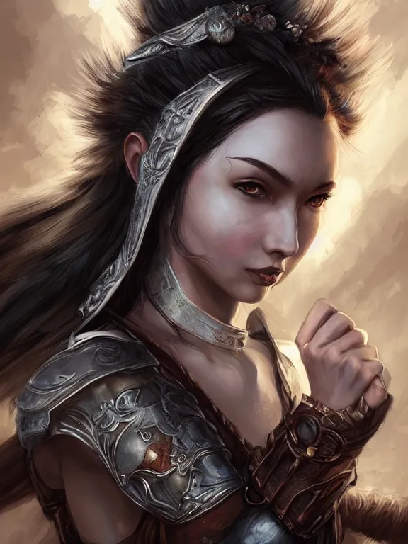 Prompt: a beautiful hyper realistic detailed epic concept art showing a noble knight women with her fist up and her spirit raccoon gradian above her, by artgerm, charlie bowater and harumi hironaka, in the style of dragon age, featured on artstation