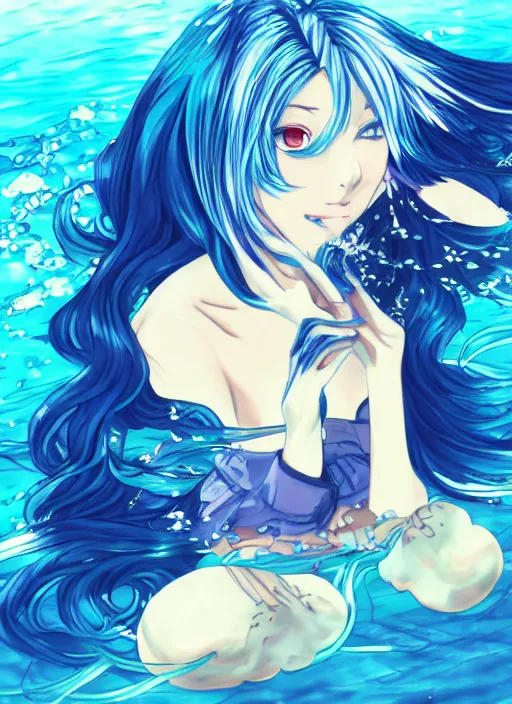 Image similar to a woman with blue hair sitting underwater, a beautiful anime drawing by yuumei, featured on pixiv, pixiv, seapunk, very anime anime!! detailed