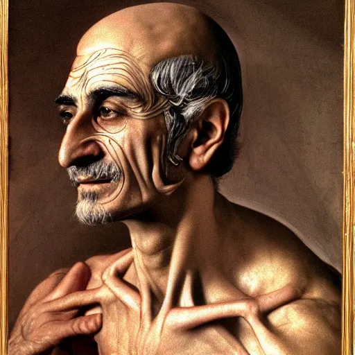 Image similar to The Shah of Iran with translucent skin, visible muscles and veins and arteries and bones and spine and nerves, beautiful detailed intricate insanely detailed octane render, 8K artistic photography, photorealistic, chiaroscuro, by David Cronenberg, Raphael, Caravaggio