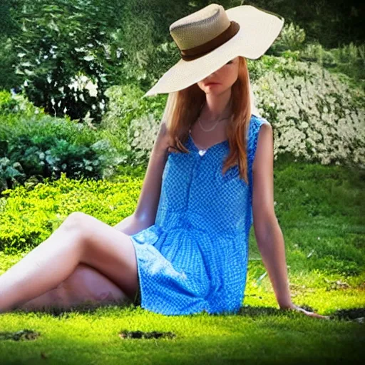 Image similar to blonde girl in a blue dress and a sun hat sitting barefoot in a garden, hyperdetailed, cinematic, kinemacolor, artstation, photorealistic, beautiful 8 k