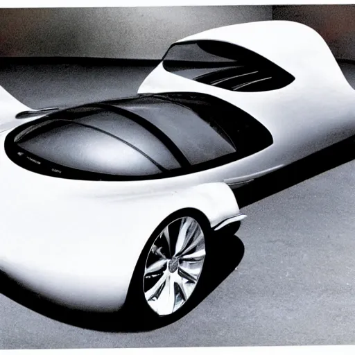 Image similar to a. new design car with undercarriage swoops like a dolphin's belly. this reduces drag, or the force of air flowing against the motion of the vehicle is curved at the nose, wide along the sides and tapered toward the trunk like a small, speedy aircraft