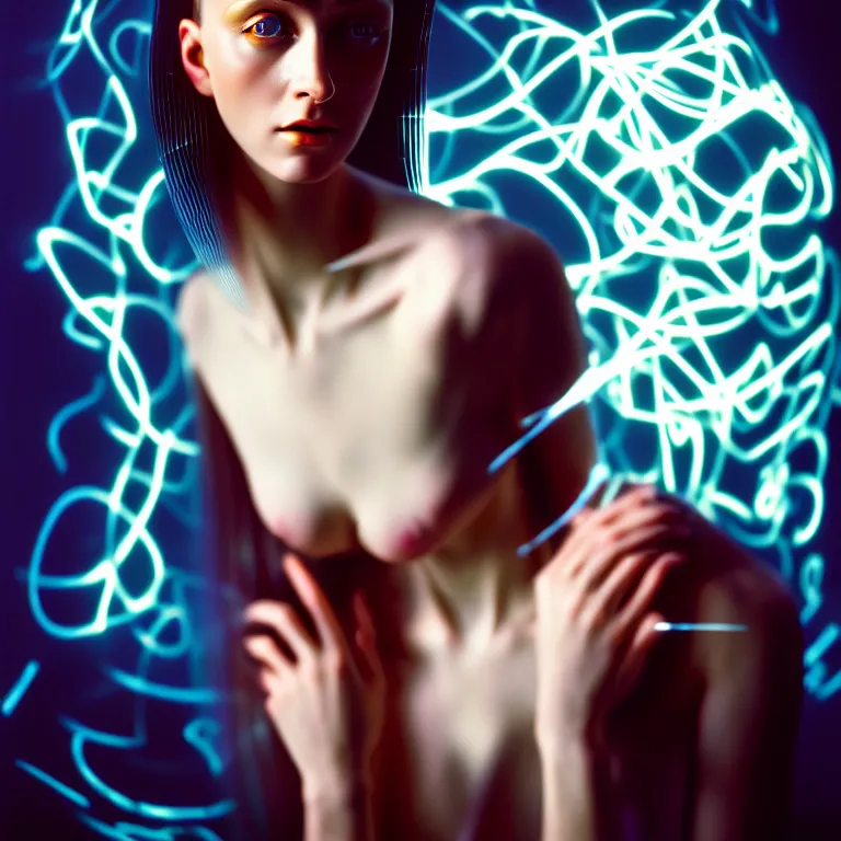 Image similar to hyperrealism photography computer simulation visualisation of parallel universe dramatic scene with beautiful highly detailed ukrainian woman by caravaggio wearing neofuturistic neural interface by josan gonzalez. pentax 6 7, kodak portra 4 0 0 volumetric natural light - s 1 5 0