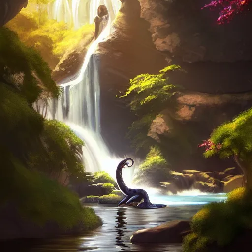 Image similar to beautiful photoshop commission of a slender dragon relaxing by a waterfall, digital painting, artstation, art by Jaime Jones