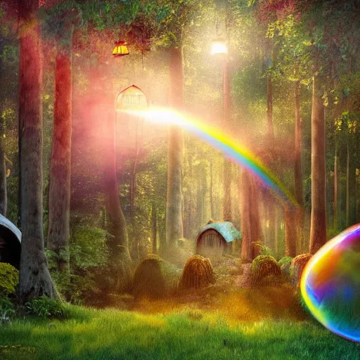 Prompt: A hyper real comic book style painting of an enchanted irish forest with toadstools and forest hut. Soap bubbles and rainbow in the air, sun beams flowing through the trees. Octane render, dynamic lightning.