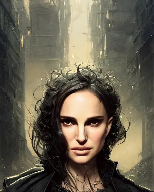 Image similar to beautiful fantasy character portrait, natalie portman, wearing oversized black trench coat, ultra realistic, wide angle, dramatic lighting, vultures, cyberpunk artifacts, highly detailed by peter mohrbacher, hajime sorayama, wayne barlowe, boris vallejo, aaron horkey, gaston bussiere, craig mullins