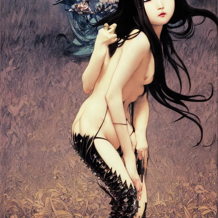 Prompt: cruel korean goth girl, full body, spikes, latex, rubber, rococo, anime aesthetic, chibi, hyperrealistic, detailed, smooth, very smooth, brushwork, digital painting, sharp focus, concept art, fantasy, by junji ito, by alphonse mucha, by bruce pennington, by annie leibovitz