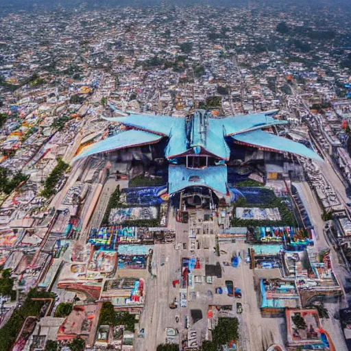 Image similar to remarkable airplane view of a cyberpunk mayan city in guatemala and it is graced by a huge sacred futuristic cyberpunk temple