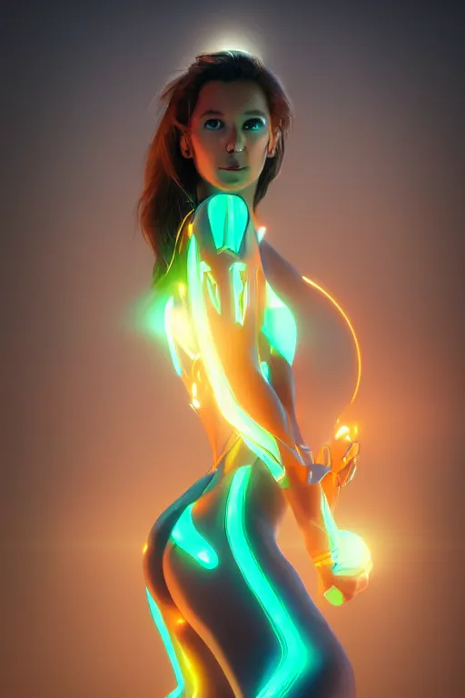 Image similar to render of a beautiful female mage wearing a luminescent bodysuit in a Tron environment, reflections, focus, detailed, realistic eyes, horizontal partial symmetry body features proportions, intricate facial skin details, award winning, trending in cgsociety artstation deviant art, octane render, boris Vallejo