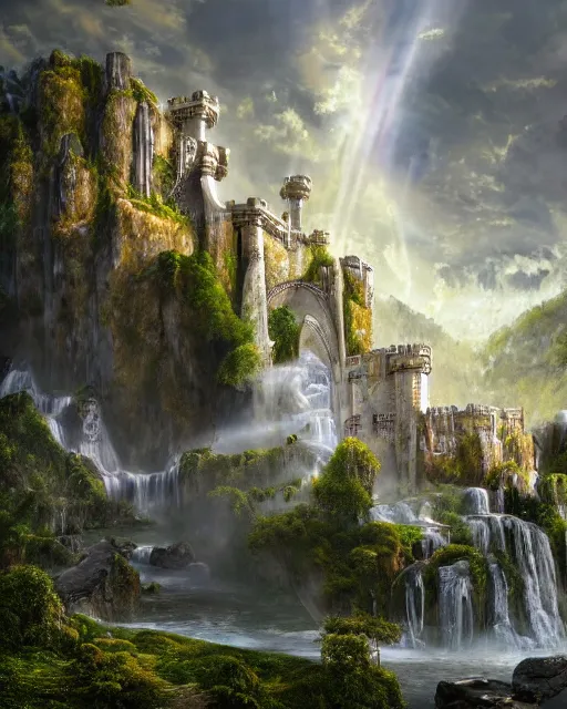 Image similar to a beautiful fantasy landscape of a large majestic castle adorned with gold linings and white marble walls from DND with lots of towers bridges and levels on top of a lush cliff with a huge waterfalls in the middle, ruins of structures at the bottom, afternoon light streaking with god rays, Dungeons and Dragons Castle, ornate, detailed, octane render, 8k, trending on artstation deviantart google images, pinterest, canon 35mm lens