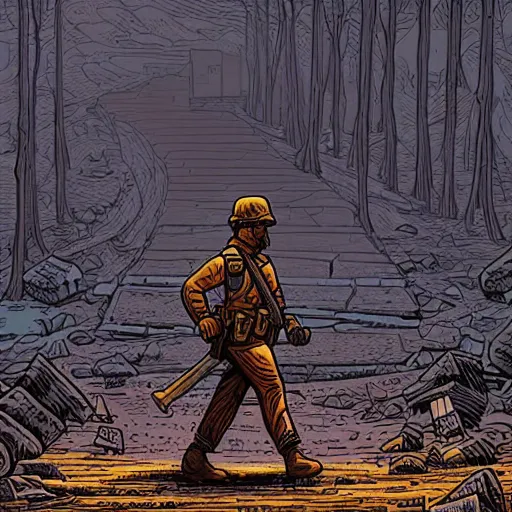 Image similar to a lone soldier walks along a line in a ruined city by dan mumford