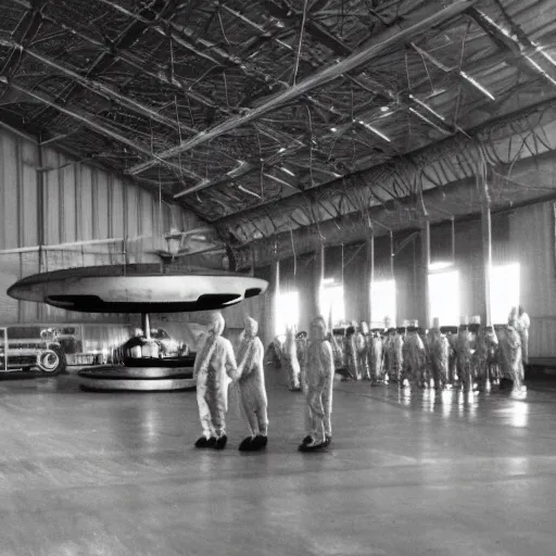 Image similar to flying saucer, ufo, alien ship inside a hanger, old photo, vintage photo, grainy, realistic, real photo, men in hazmat suits standing around