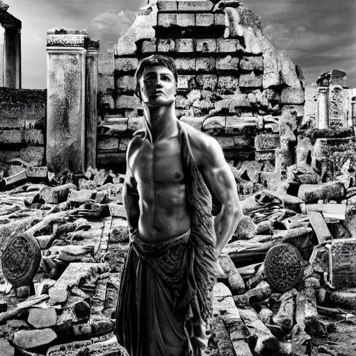 Prompt: portrait of Achilles, standing in ruins, fallen columns, highly detailed face, photo realistic, facial features, tom chambers photography