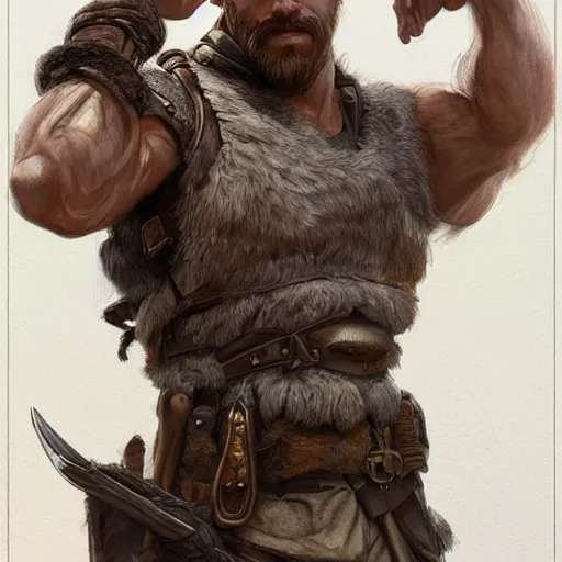 Image similar to portrait of a rugged ranger, 2 5 years old, muscular, upper body, hairy torso, d & d, fantasy, intricate, elegant, highly detailed, digital painting, artstation, concept art, smooth, sharp focus, illustration, art by artgerm and greg rutkowski and alphonse mucha