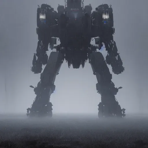 Image similar to gigantic mecha walking, dense fog, jakob rozalski