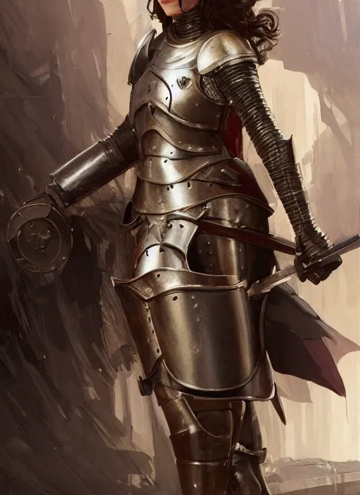 Prompt: medium-length portrait of a female knight with short dark hair and brown eyes, dark skin, happy expression, wears a combination of plate armor and boiled leather, medieval setting, highly detailed, digital painting, artstation, concept art, sharp focus, illustration, art by greg rutkowski and alphonse mucha