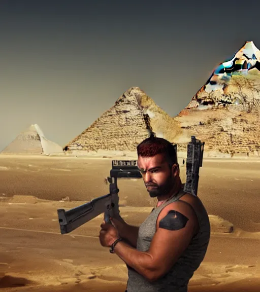 Image similar to a beefy man with a machine gun, egyptian pyramid in the background, 4 k, sharp focus, illustration, highly detailed, cyberpunk