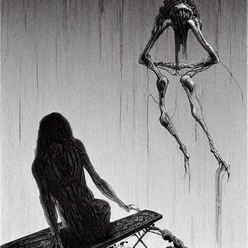 Image similar to a ghost ironing on an ironing board, art by beksinski, bernie wrightson, junji ito, trending on artstation, optical illusion, horror film, creepypasta