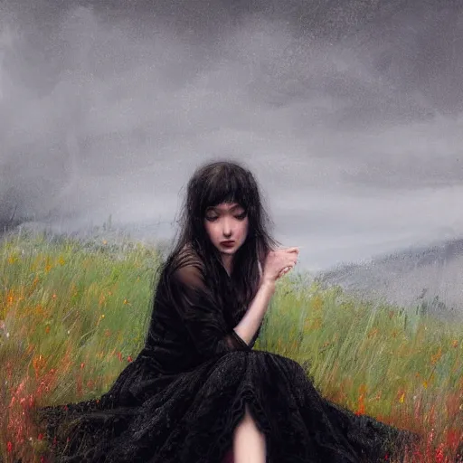Image similar to a girl wearing a black lace dress and thigh highs sat on a hill during a rainstorm, digital art, beautiful face, expressive oil painting, by yoshitaka amano, by artgerm, by jeremy lipking, volumetrics, mood