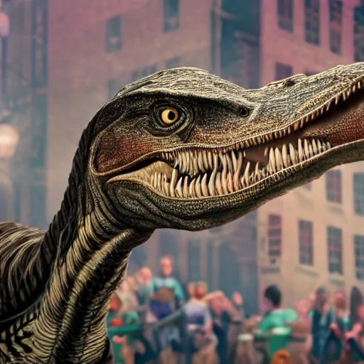 Image similar to velociraptor taking a selfie in a crowded tavern, anatomically correct, dof, Arnold Render, intricately detailed, 8k