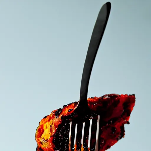 Image similar to a photorealistic fork in the crimson-black honeycomb, dripping honey, professional food photography, Movie Still, Triadic color grading.