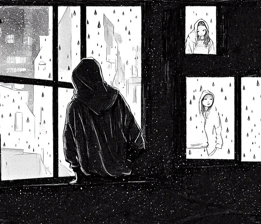 Image similar to outdoors : sadie sink in hoodie sits on windowsill, knees tucked in | rain falls at night : storyboard, scifi cyberpunk. by gabriel hardman, joe alves, chris bonura. cinematic atmosphere, detailed and intricate, perfect anatomy