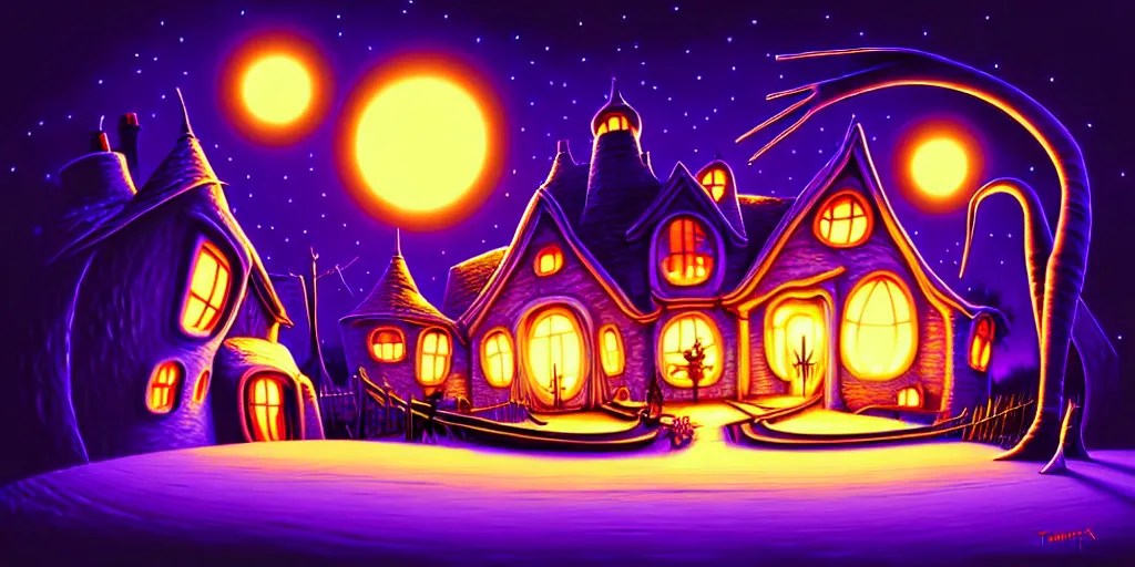 Image similar to curved perspective digital art of a kitchen without windows lights off from tim burtons nightmare before christmas by petros afshar