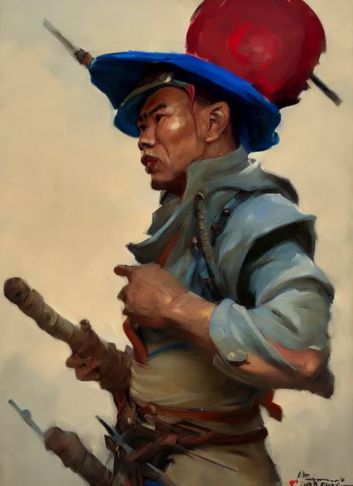 Image similar to greg manchess side portrait of a filipino fighter wearing a jester hat sitting on a tank holding a staff, organic painting, sunny day, matte painting, bold shapes, hard edges, street art, trending on artstation, by huang guangjian, gil elvgren, ruan jia, randy vargas, greg rutkowski