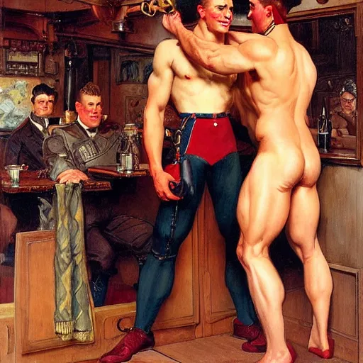 Prompt: drinking their hearts out, in a pub. attractive muscular male with red hair and attractive muscular male with black hair. pants, very defined painting by j. c. leyendecker, gaston bussiere, craig mullins 8 k