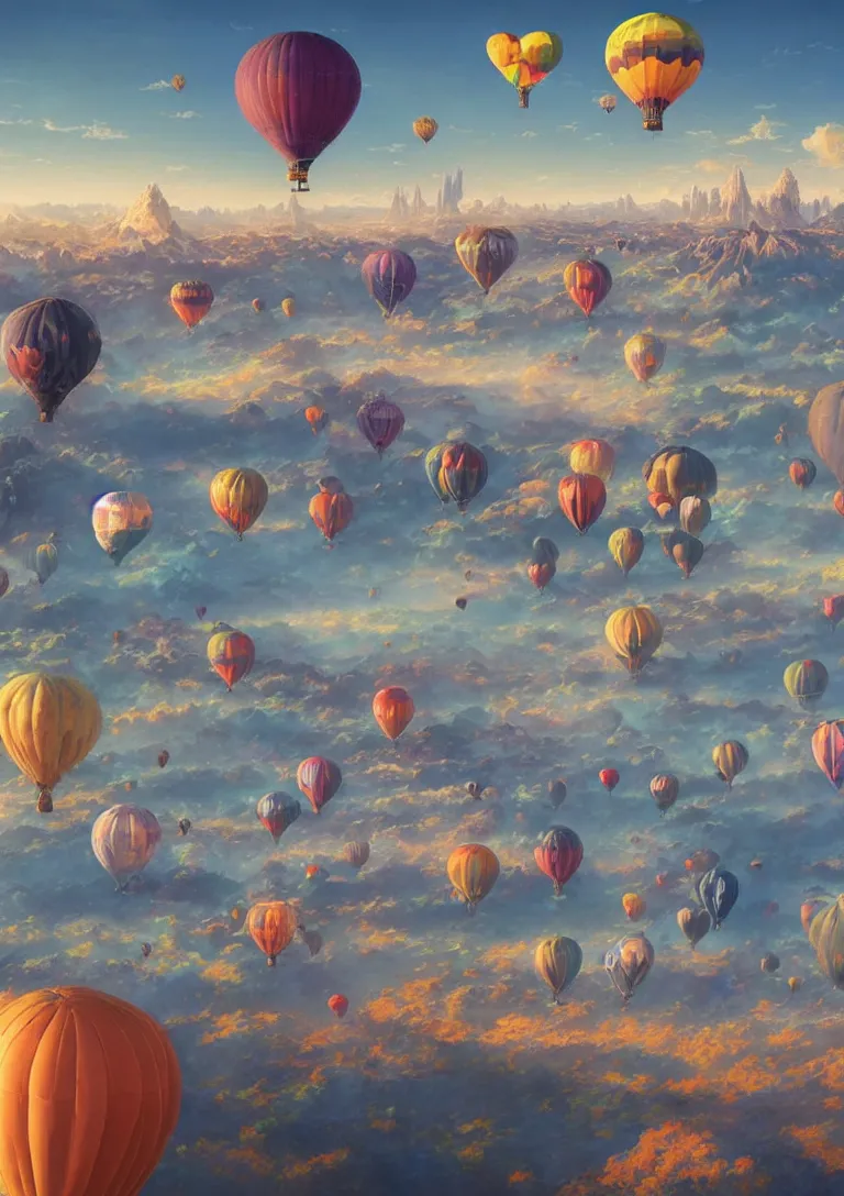 Prompt: beautiful hyper realistic detailed matte painting of sky full of colorful hot air balloons, hd, hdr, by Moebius and John Howe and Albert Bierstadt and Alena Aenami, ultra detailed, high resolution