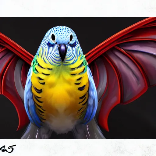 Image similar to an oil painting of a budgie with dragon wings, hd, hdr, ue 5, ue 6, unreal engine 5, cinematic 4 k wallpaper, 8 k, ultra detailed, high resolution, artstation, award winning