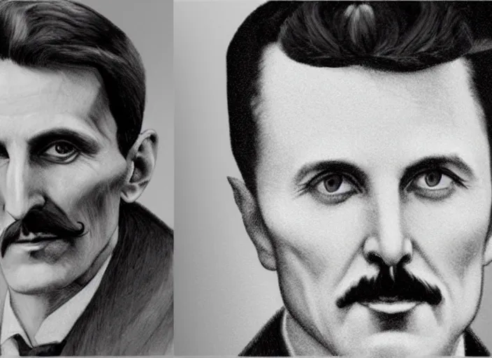 Image similar to portrait of NIKOLA TESLA and ELON MUSK together in the style of Davinci