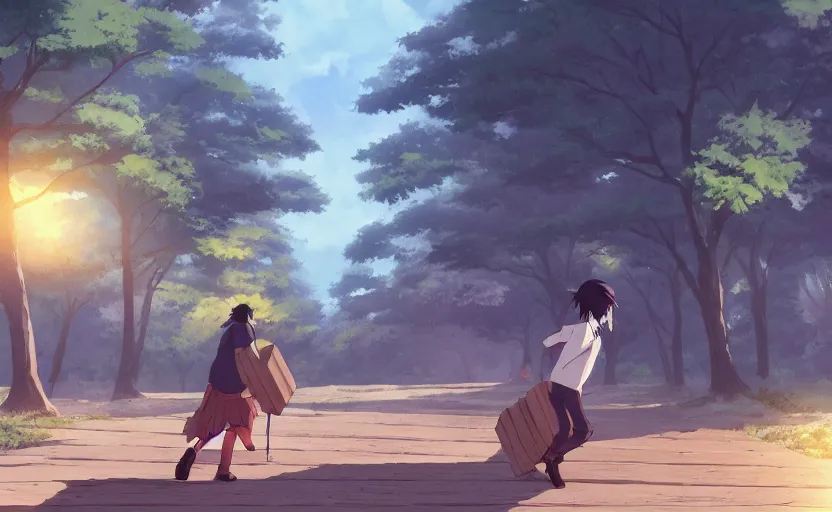 Prompt: carrying wooden logs, slice of life anime scene by Makoto Shinkai, digital art, 4k