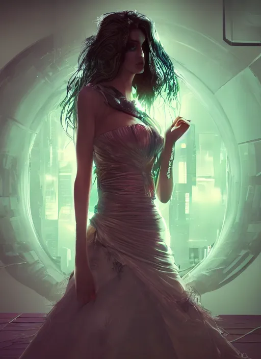 Image similar to cyberpunk bride, elegent, magic background, dynamic lighting, character concept, gaudy colors, octane render aesethic, radiant lighting, hd