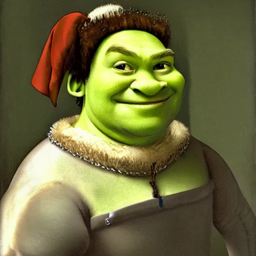 Image similar to shrek with a pearl earing by johannes vermeer, high resolution