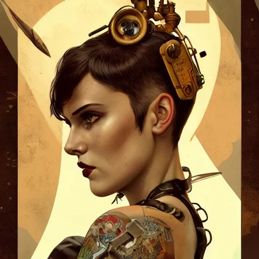 Image similar to character portrait of a retro punk woman in a pixie cut, shaved side of head, dystopian cyberpunk steampunk soviet mood, intricate, wild, highly detailed, digital painting, artstation, upper body, concept art, smooth, sharp focus, illustration, art by artgerm and greg rutkowski and alphonse mucha