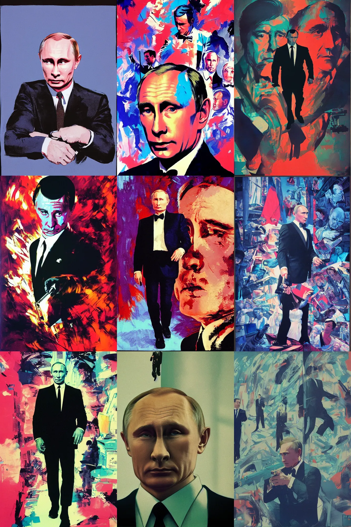 Prompt: putin as james bond 0 0 7, cinestill 8 0 0 t, medium shot, full, film still, shaded lighting poster by andy warhol, magali villeneuve, jeremy lipkin and michael garmash, rob rey and kentaro miura style, trippy