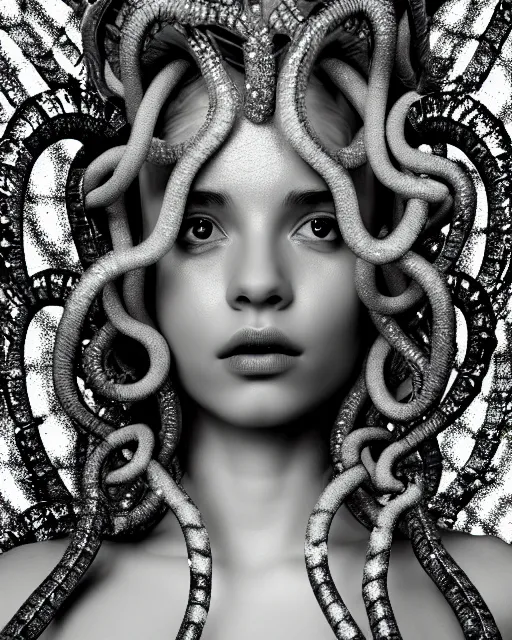 Image similar to surreal mythical dreamy artistic black and white fine art photo of a beautiful young female medusa - cyborg covered with fish scales and algae, highly detailed, intricate crystal ivy jelly fish scales ornate, poetic, octane render, 8 k, photo - realistic