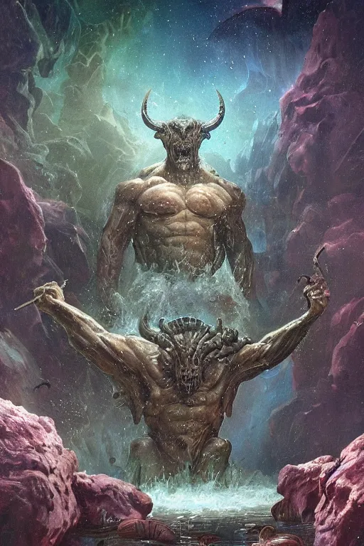 Prompt: a huge muscular demon with ram's horns emerges from a pond on rocky alien world, water splashing cascading, alien flora and fauna, space background nebula nasa, by ruan jia, jack kirby, norman rockwell, wayne barlow, sergey krasovskiy, zdzislaw beksinski, boris vallejo, artstation creature