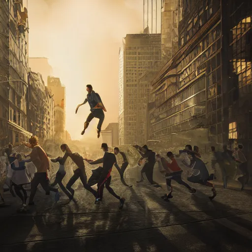 Prompt: bunch of people running away from a bitcoin giant in the city, hyper detailed, trending on artstation, cinematic composition hdr, 8 k, beautiful lighting, sharp details