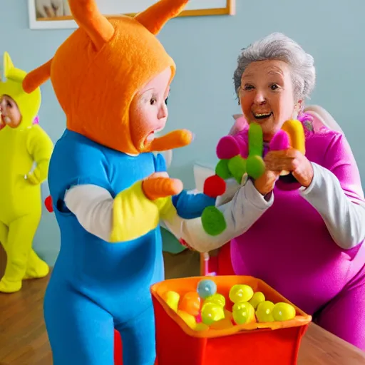 Image similar to a couple of grandparents playing kids games and wearing teletubbies costumes