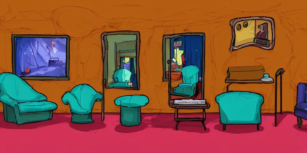 Image similar to a dimly lit, theater dressing room, with a mirror, a chair, a couch, day of the tentacle style, drawn by Peter Chan